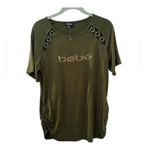 NWT Bebe‎ Leopard Print Logo Short Sleeve Olive Shirt Women’s Size Large